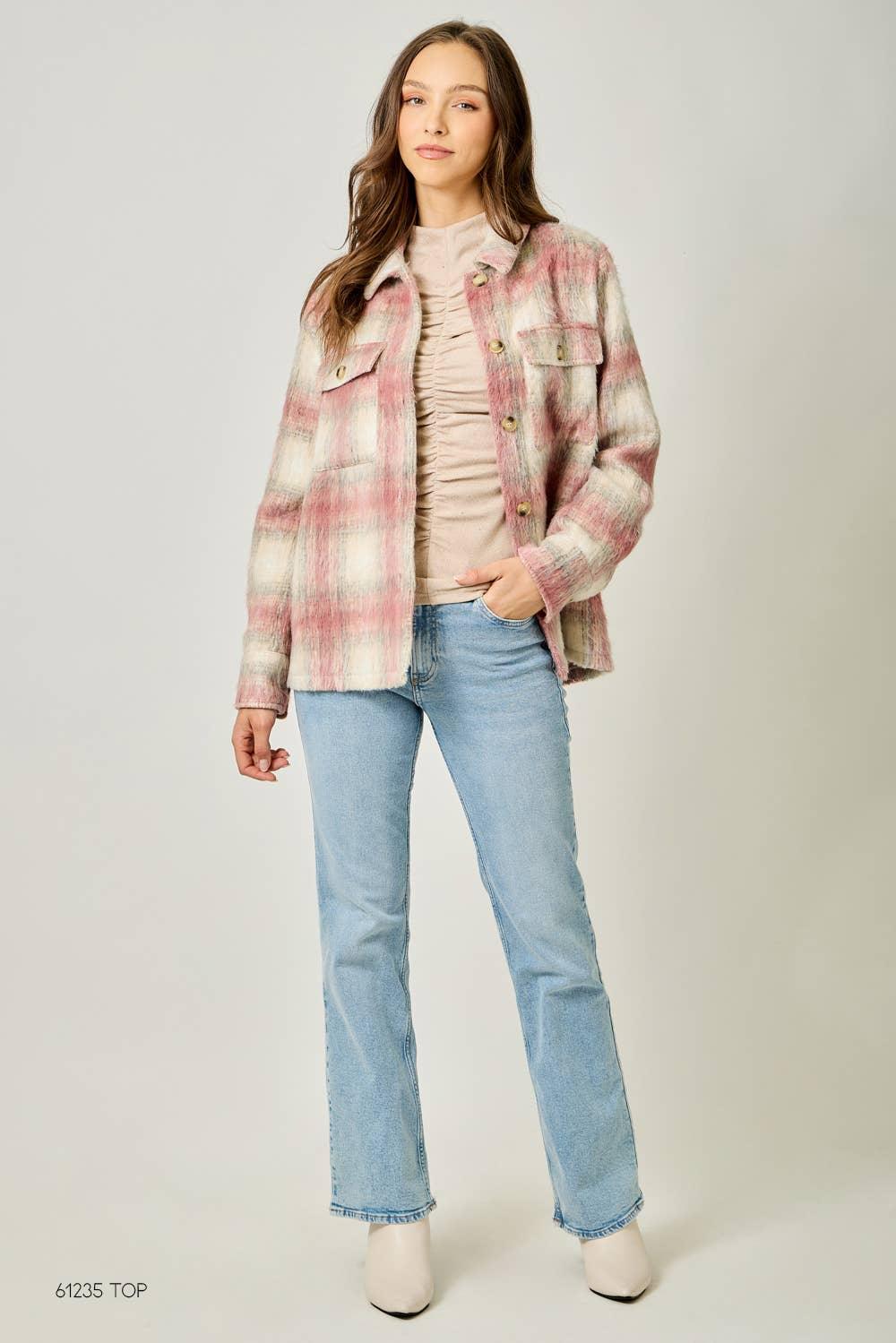 Button Down Plaid Fur Jacket - Southern Sassy Boutique