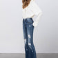 High Stretch Mid Rise Frayed Hem Distressed Crop Flare Jeans