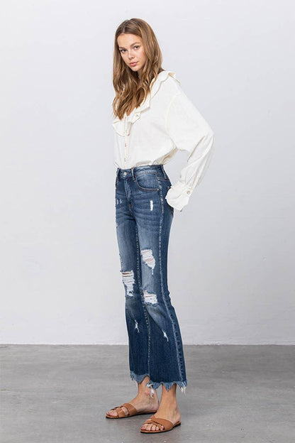 High Stretch Mid Rise Frayed Hem Distressed Crop Flare Jeans - Southern Sassy Boutique