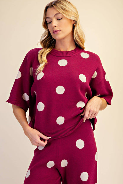 Polka Dot Sweater Round Neck Short Sleeve