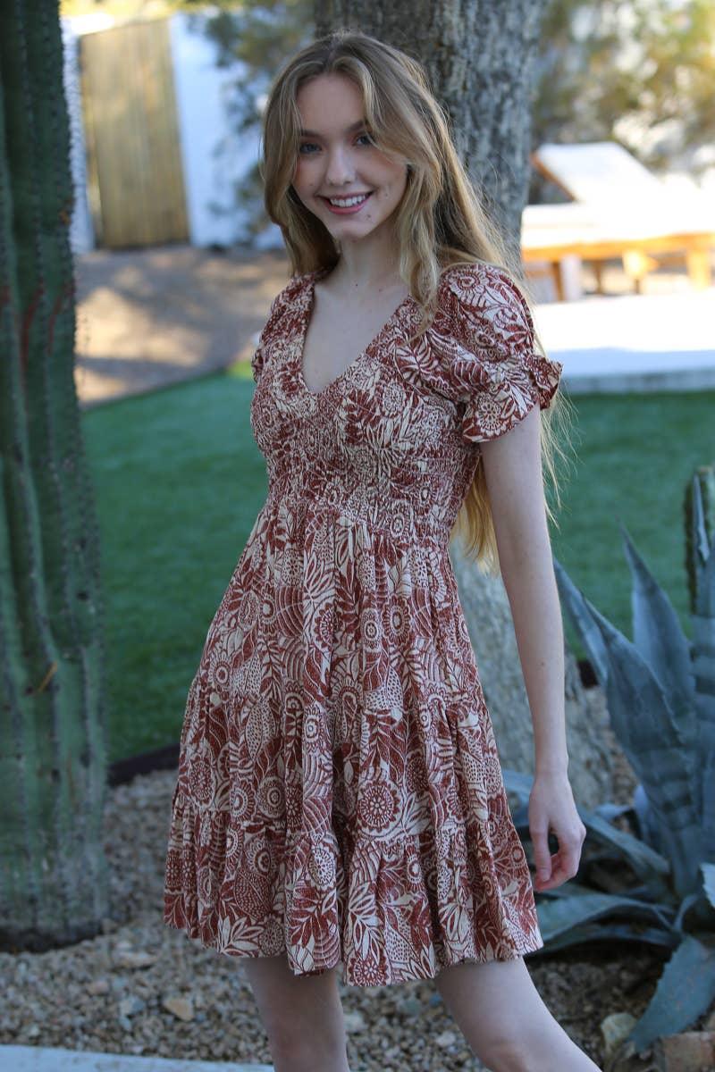 V NECK SMOCKED BODICE DRESS - Southern Sassy Boutique