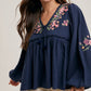 FLORAL EMBROIDERY BUBBLE SLEEVED BABYDOLL TOP
