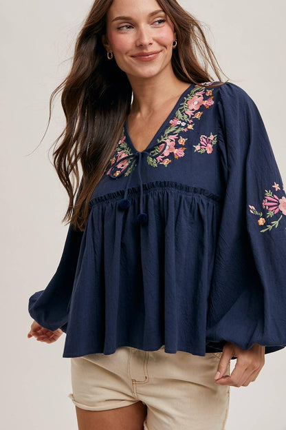 FLORAL EMBROIDERY BUBBLE SLEEVED BABYDOLL TOP - Southern Sassy Boutique