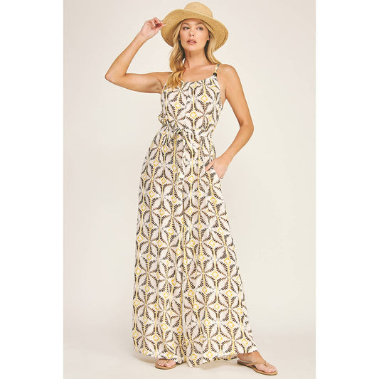 Tie Waist Wide Leg Jumpsuit with Bead Detail