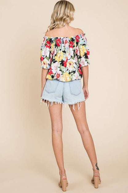 Curvy Of Shoulder Floral Top with Puff Sleeves