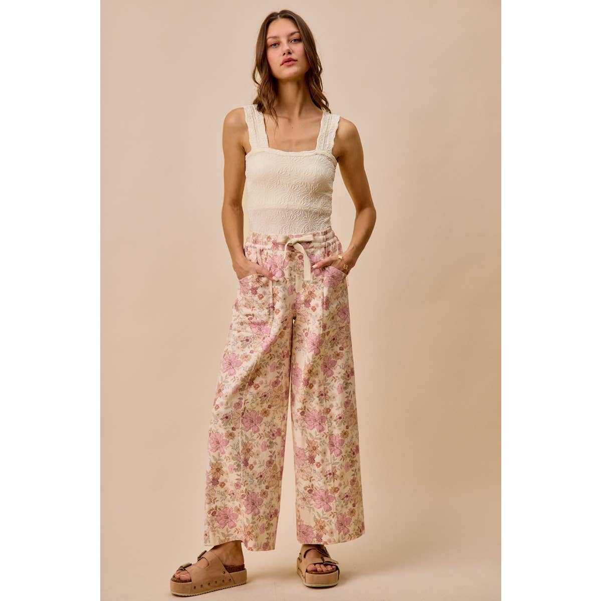 Floral Print Twill Wide Leg Pants