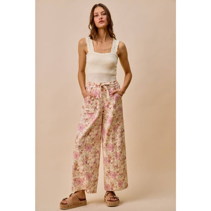 Floral Print Twill Wide Leg Pants