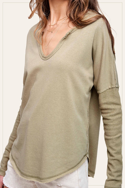 Textured Fabric Contrast Terry Long Sleeve Top - Southern Sassy Boutique