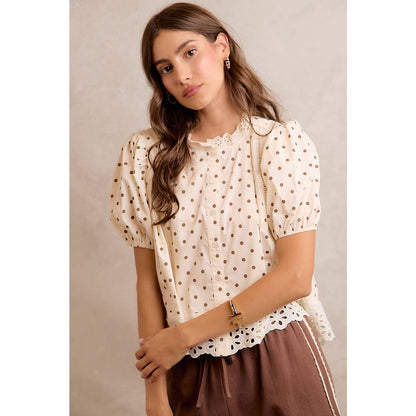 Polka Dot Cotton Lace Trim Blouse