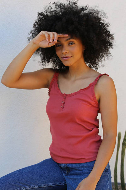 Lace Trim Rib Knit Cami Tank Top