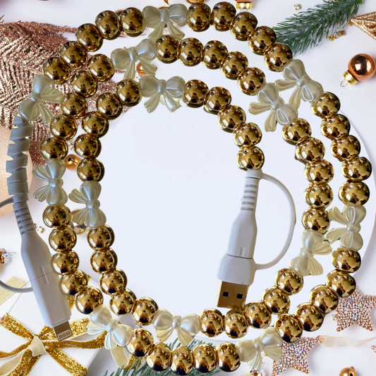 Gold & Pearl Bow 4-In-1 Beaded Charging Cable