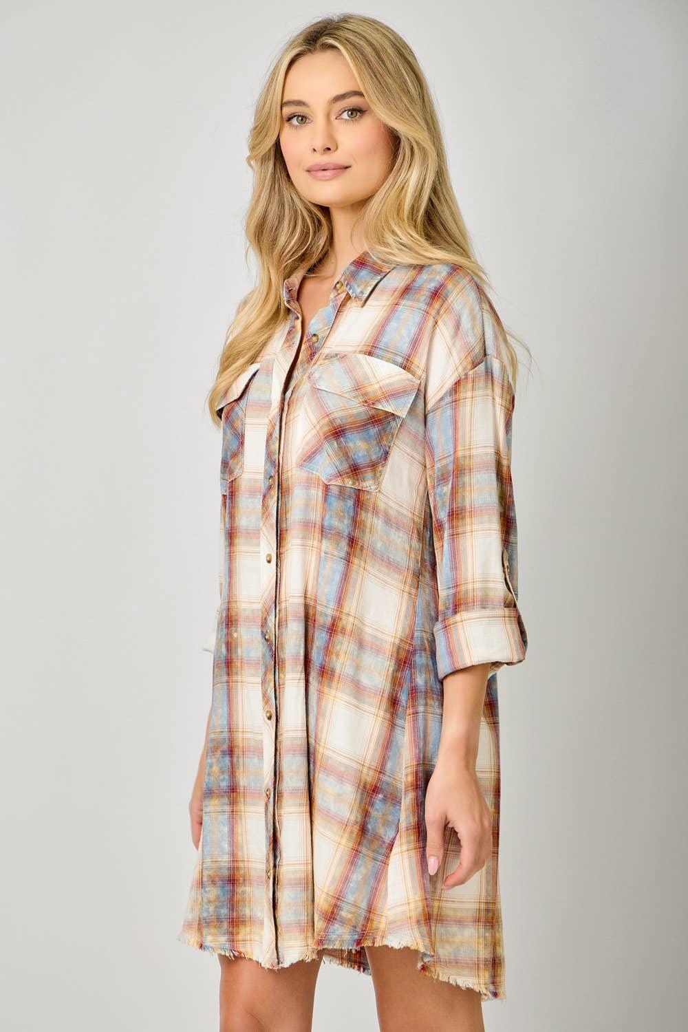 Washed Plaid Shirt Dress - Southern Sassy Boutique