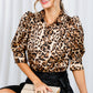Leopard-Print Collared Puff Sleeve Satin Blouse