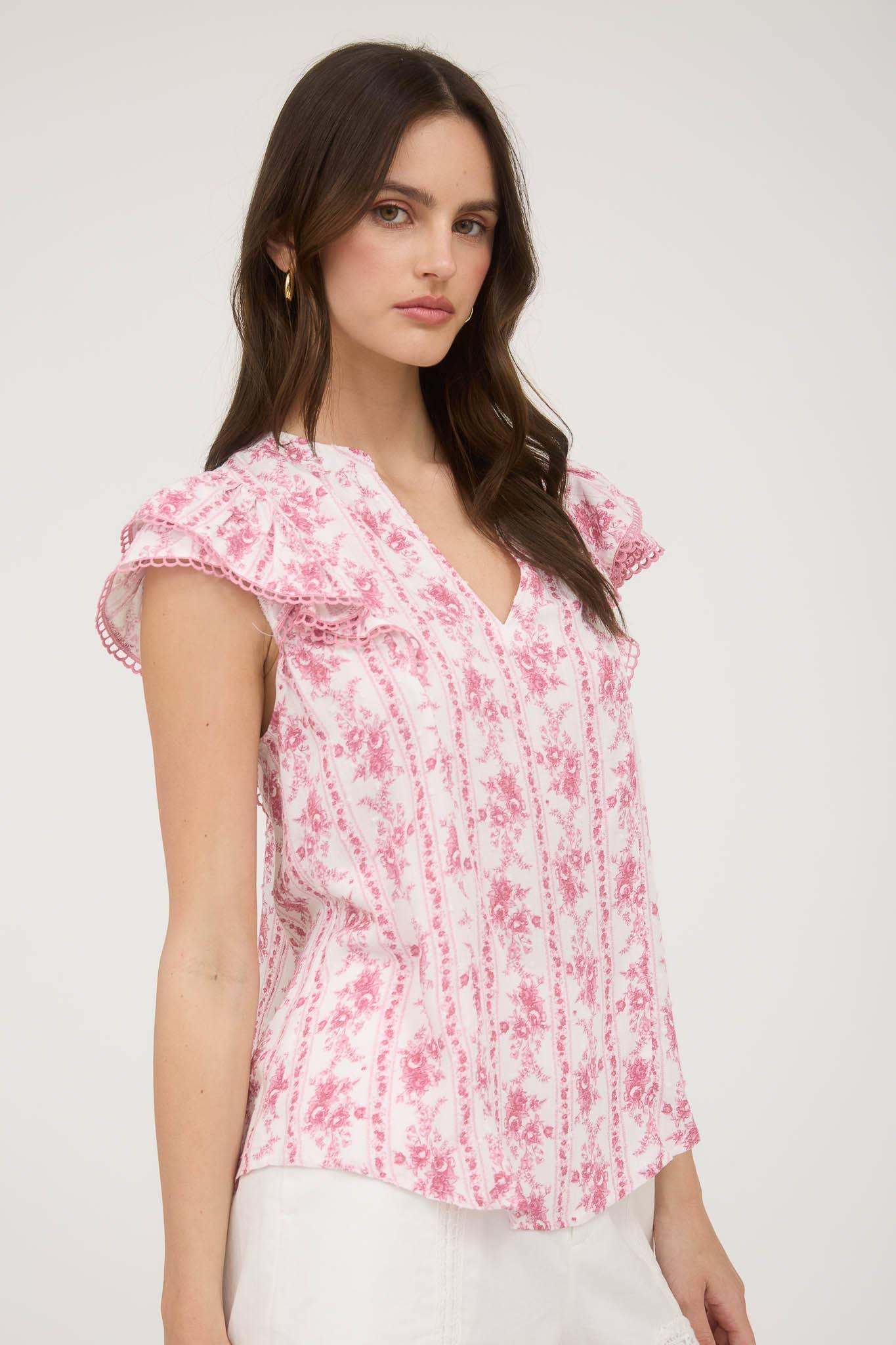 STRIPE FLORAL SPLIT NECK RUFFLE SLEEVE TOP - Southern Sassy Boutique