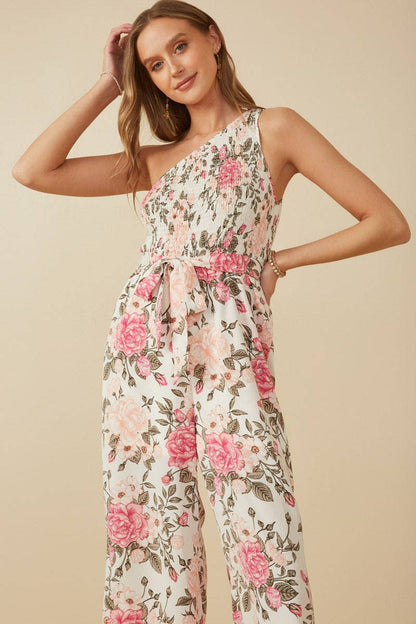 Romantic Floral Smocked One Shoulder Jumpsuit