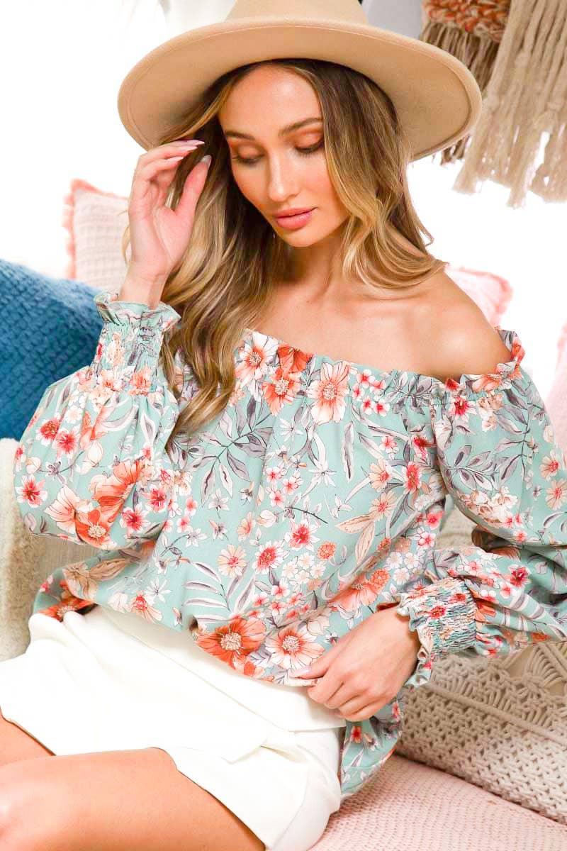 Off The Shoulder Floral Boho Ruffle Sleeve Blouse - Southern Sassy Boutique