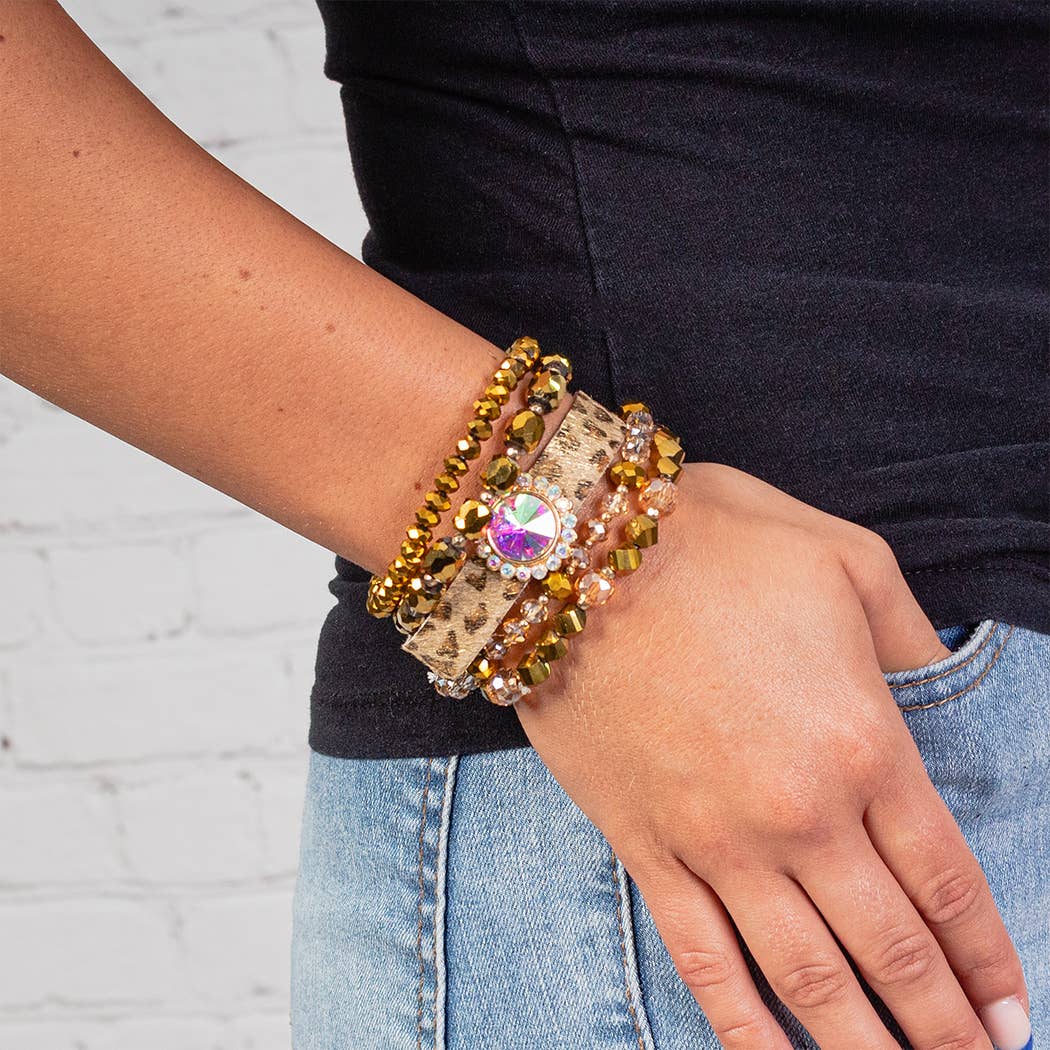 Leopard and Crystal Beaded Stacked Bracelets