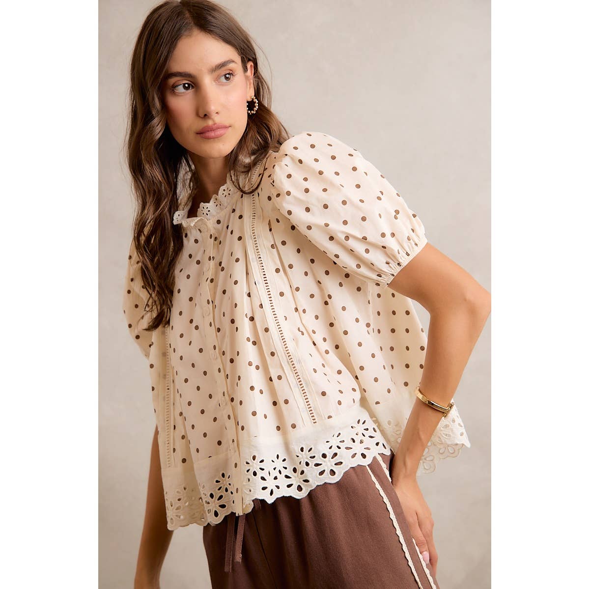 Polka Dot Cotton Lace Trim Blouse