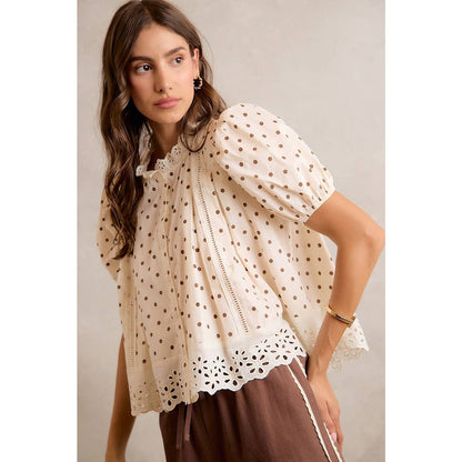 Polka Dot Cotton Lace Trim Blouse