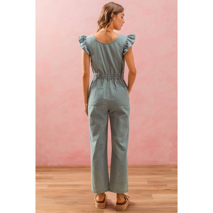FRONT FLUTTER SLEEVE DENIM JUMPSUIT