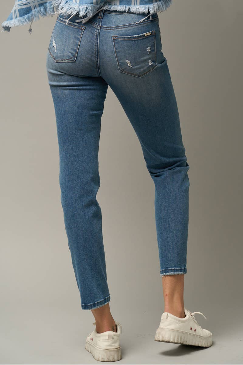High Stretch Mid Rise Ripped Girlfriend Jeans