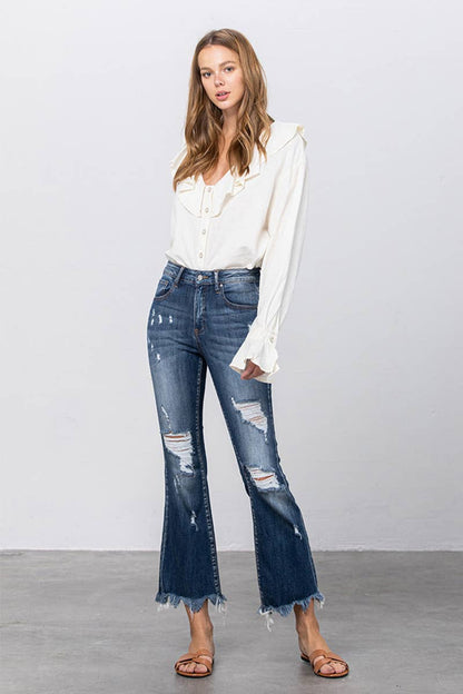 High Stretch Mid Rise Frayed Hem Distressed Crop Flare Jeans