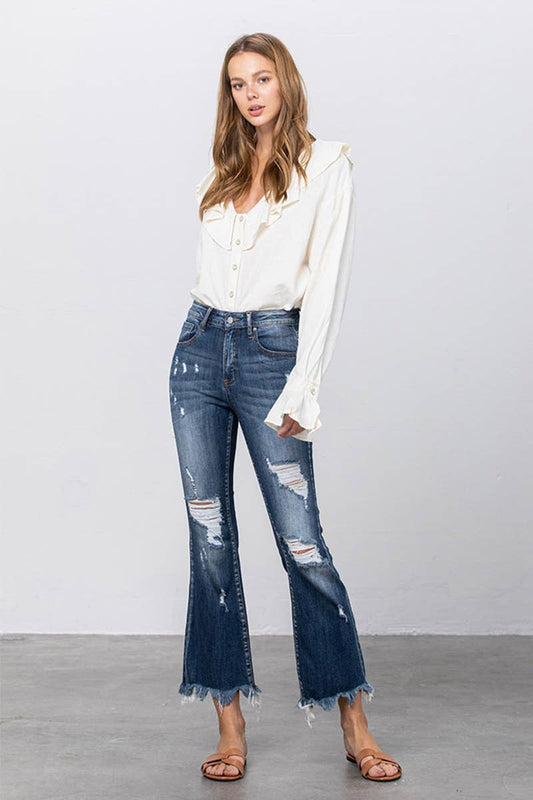 High Stretch Mid Rise Frayed Hem Distressed Crop Flare Jeans