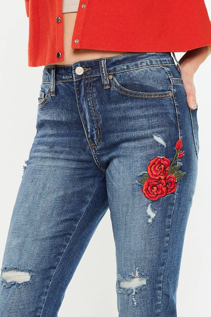 HIGH RISE ANKLE SKINNY WITH FLORAL EMBROIDERY - Southern Sassy Boutique