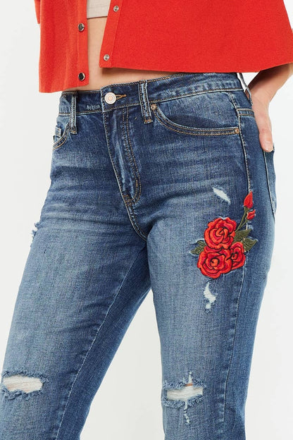 HIGH RISE ANKLE SKINNY WITH FLORAL EMBROIDERY - Southern Sassy Boutique