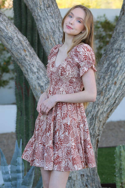 V NECK SMOCKED BODICE DRESS - Southern Sassy Boutique