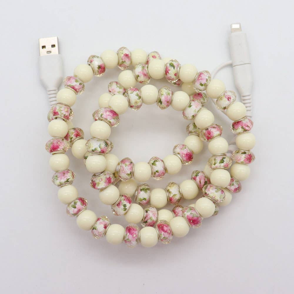 Pink heart & Floral & checker Beaded 2 in 1 Charging Cable