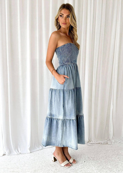 Off-Shoulder Hem Slit Jean Dress - Southern Sassy Boutique