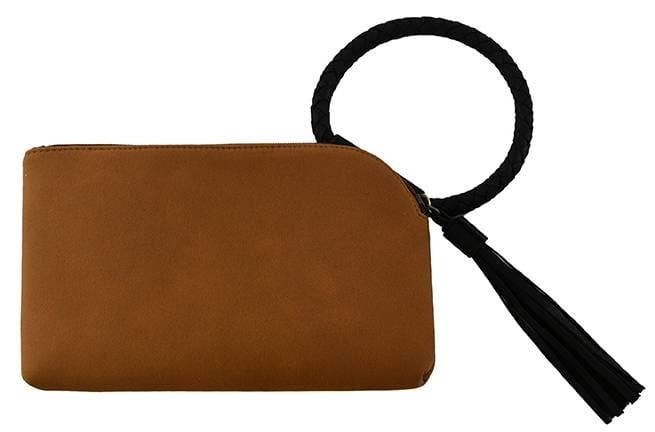 Faux Suede Cuff Handle Tassel Wristlet/Clutch