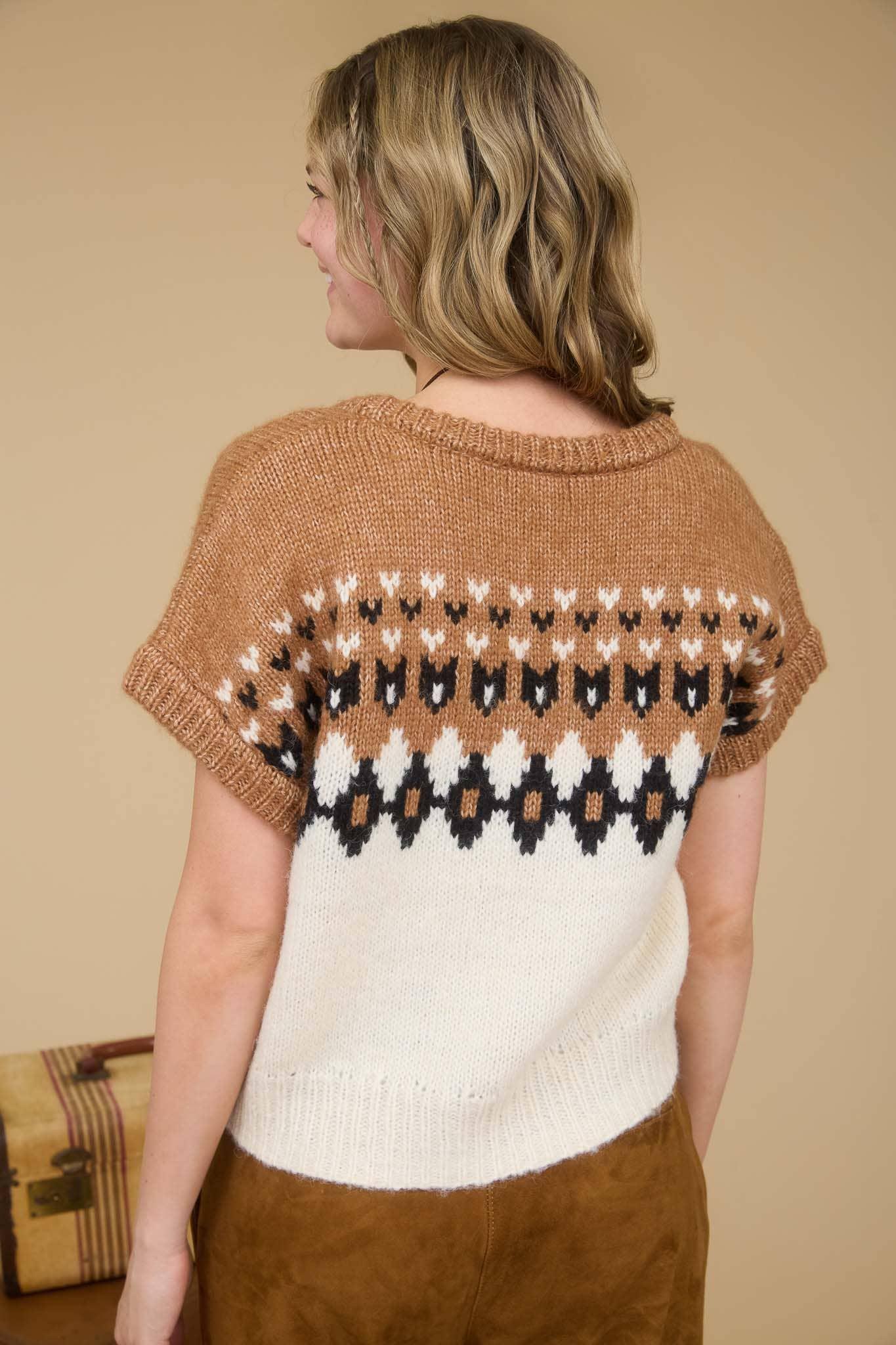 FAIR ISLE V NECK SHORT SLEEVE KNIT SWEATER - Southern Sassy Boutique