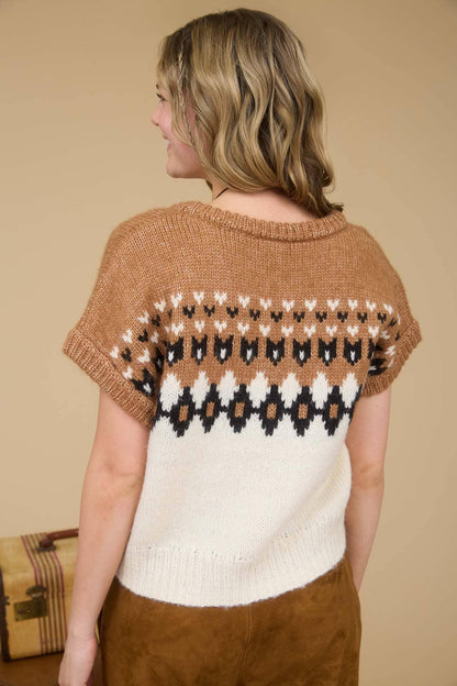 FAIR ISLE V NECK SHORT SLEEVE KNIT SWEATER - Southern Sassy Boutique