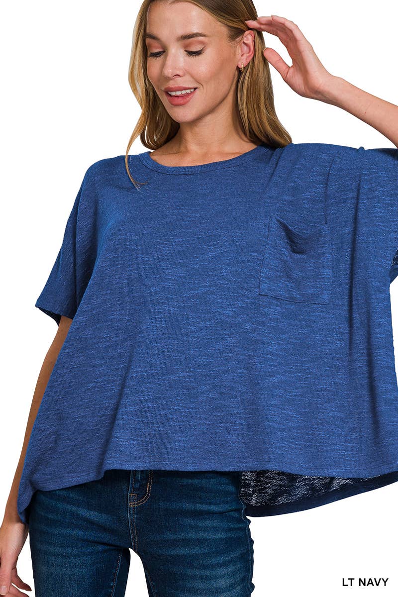 Oversized poly-rayon slub hacci top with pocket