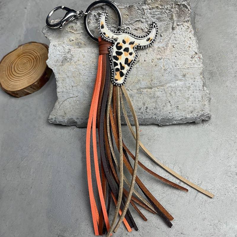 Western Tassel Animal Print Bull Head Keychain - Southern Sassy Boutique