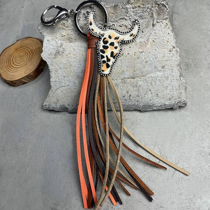 Western Tassel Animal Print Bull Head Keychain - Southern Sassy Boutique