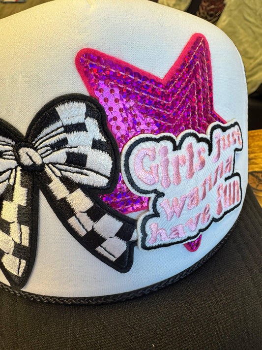 Girls Just Wanna Have Fun Checkered Bow Trucker Hat - Southern Sassy Boutique