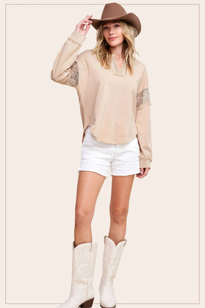 Embroidered Crochet V-neck Long Sleeve Top - Southern Sassy Boutique