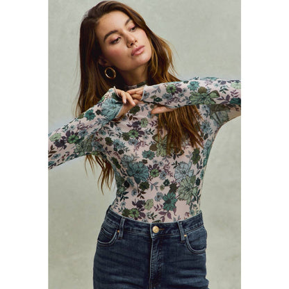 Floral Print Mesh Knit Long Sleeve Top