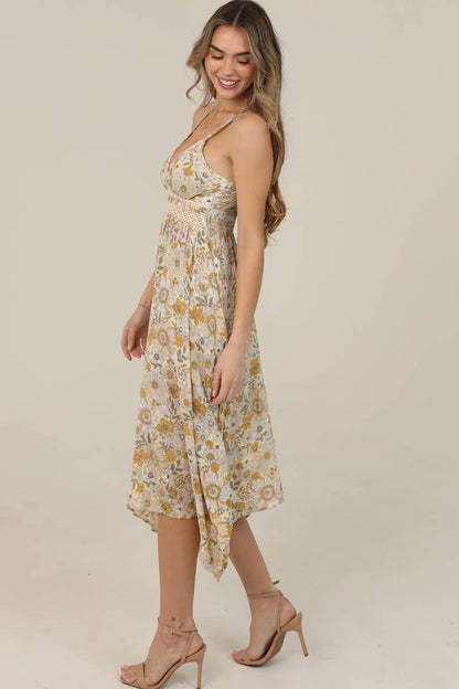 Boho Daisy Print Lace Trim Hanky Midi Dress