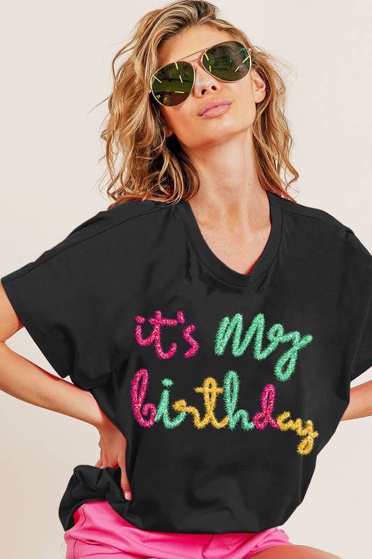 Metallic Letter Short Dolman Sleeve Top