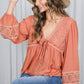 Eyelet Lace Tie Front V-Neck Long Puff Blouse Top