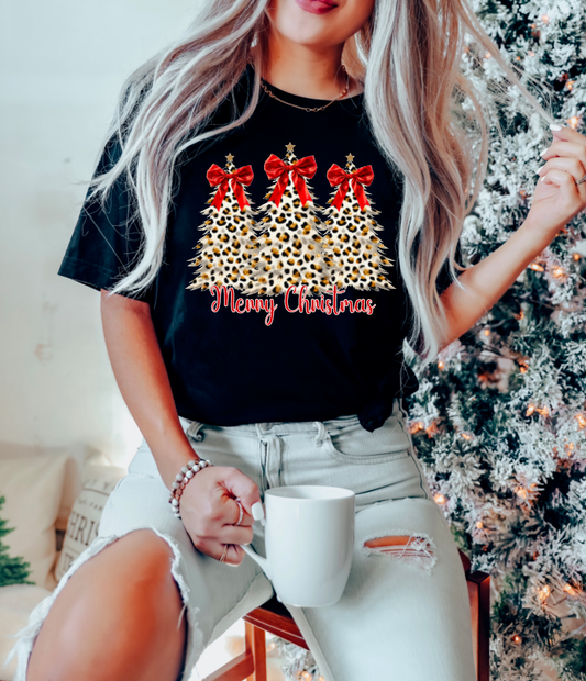 Preppy Cheetah Christmas Tree Trio Coquette Graphic Tee - Southern Sassy Boutique