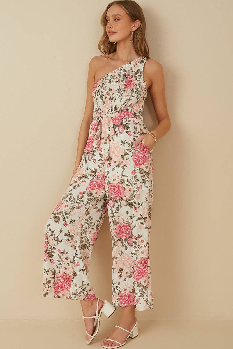 Romantic Floral Smocked One Shoulder Jumpsuit