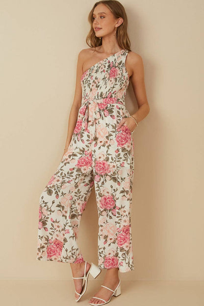 Romantic Floral Smocked One Shoulder Jumpsuit