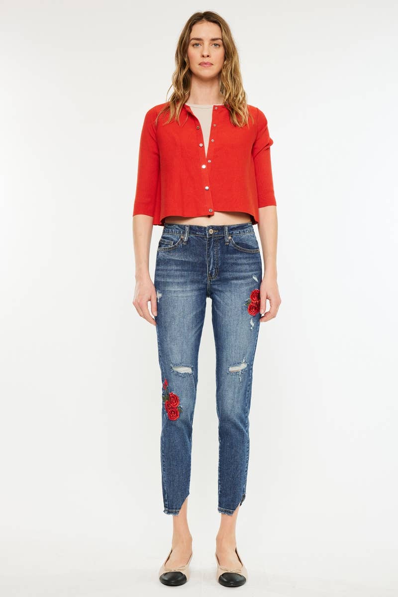 HIGH RISE ANKLE SKINNY WITH FLORAL EMBROIDERY - Southern Sassy Boutique