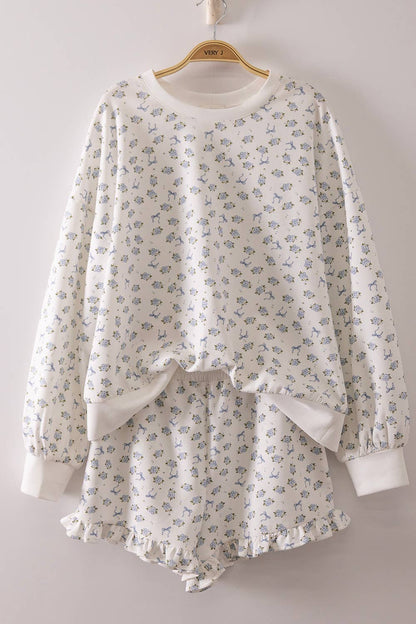 NT12635SET-Floral Printed Knit Comfy Top & Shorts Set