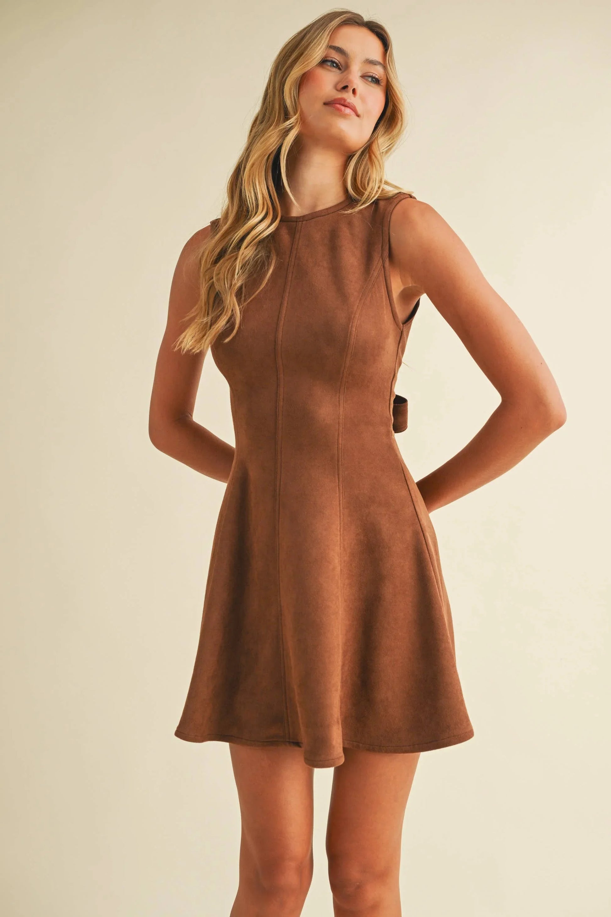 FAUX SUEDE BACKLESS A LINE MINI DRESS - Southern Sassy Boutique